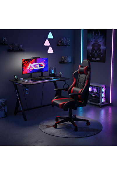 AGD طاولة ألعاب كمبيوتر حديثة على شكل حرف Z، مع حامل أكواب وحامل سماعات رأس، إطار معدني متين، أسود