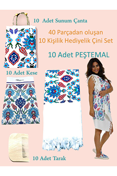 Hammamlife 10 KİŞİLİK Hediyelik Peştemal Çini Motifli Set 40 Parça
