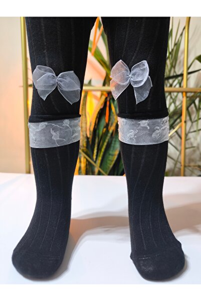 Ekinoks Baby Girl Children's Pantyhose Cotton Bow Tulle Ribbed Scented Black