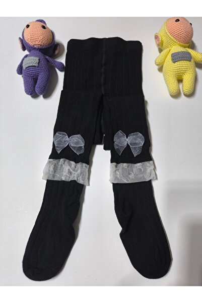 Ekinoks Baby Girl Children's Pantyhose Cotton Bow Tulle Ribbed Scented Black