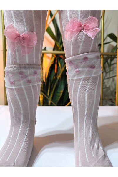 Ekinoks Baby Girl Children's Pantyhose Cotton Bow Tulle Ribbed Scented Dusty Rose