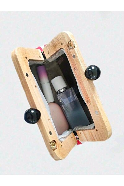 Prime Vista Kozmetik Çizgili Omuz ve El Çantası – Retro Ahşap Çerçeveli Tasarım