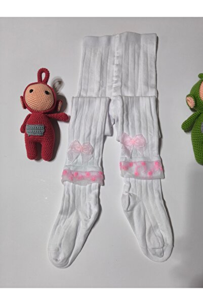 Ekinoks Baby Girl Children's Pantyhose Cotton Bow Tulle Ribbed Scented White