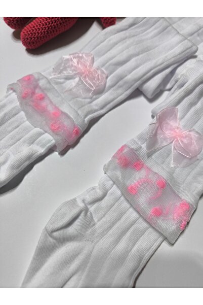 Ekinoks Baby Girl Children's Pantyhose Cotton Bow Tulle Ribbed Scented White