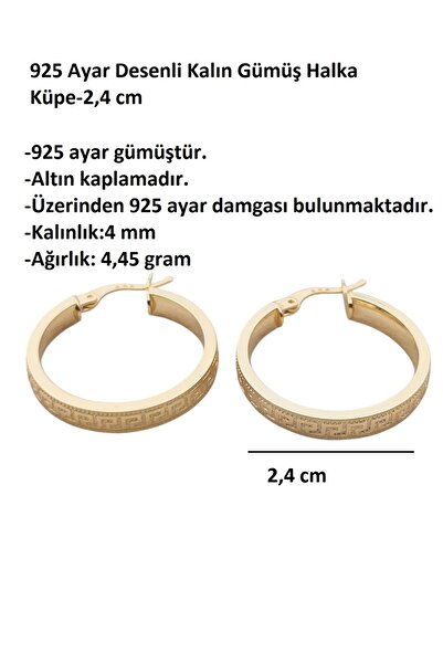 Siya Silver 925 Ayar Altın Kaplama Desenli Kalın Gümüş Halka Küpe - 2,4 Cm