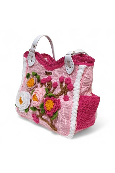 zelart Tığ İşi Örgü çiçek Detaylı Omuz Çantası, El Yapımı Özel Tasarım Çanta