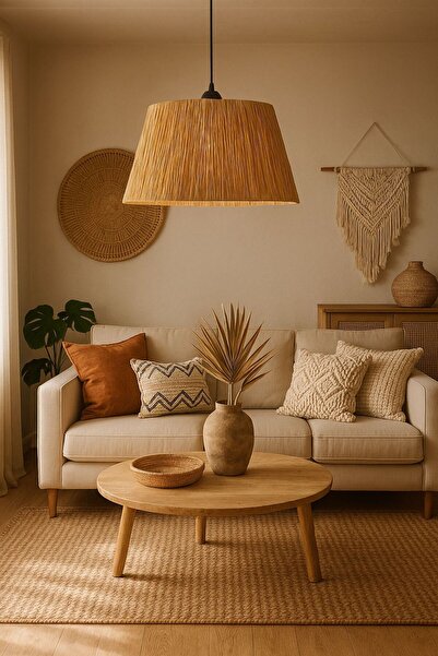 Home Bohem Handmade Doğal Rafya Lifi Konik Avize Tavan Aydınlatma - 35cm