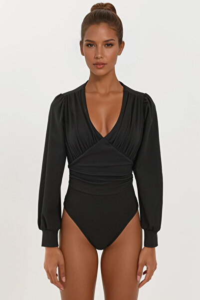 Hiccup Close Fitting V-Neck Balloon Sleeve Bodysuit