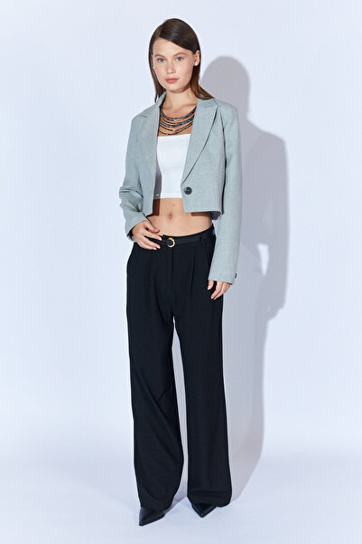 Manche Tek Düğmeli Crop Blazer Ceket - Gri | Mks351584-01