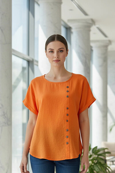 Bİ.GİYSEN Γυναικείο πορτοκαλί πουλόβερ με λαιμόκοψη και κουμπιά μπροστά από β...