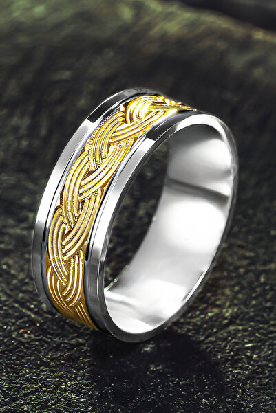 OSMANLI GÜMÜŞ Erkek Gümüş Alyans – Altın Kaplama Örgü Desenli Şık ve Zarif Ta...
