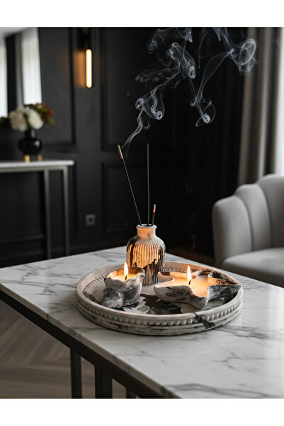 OEM Mermer siyah beyaz Ev Dekorasyon Seti (Tepsi + Yıldız Mum + Deniz Kabuğu ...