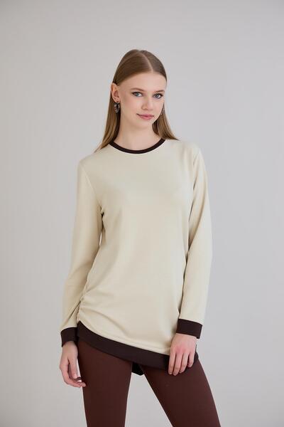 Sortie Bluză de damă din modal bej, cu mâneci asimetrice, cu guler și detaliu...