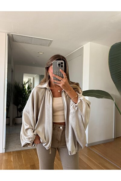 FEMMESTUDIO Women's Stone Color Satin Bat Sleeve Bomber Jacket