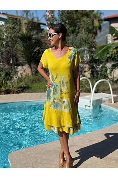 Punta Otantik NC50121 İtalyan Kısa Kol Pamuk Keten Elbise Sarı