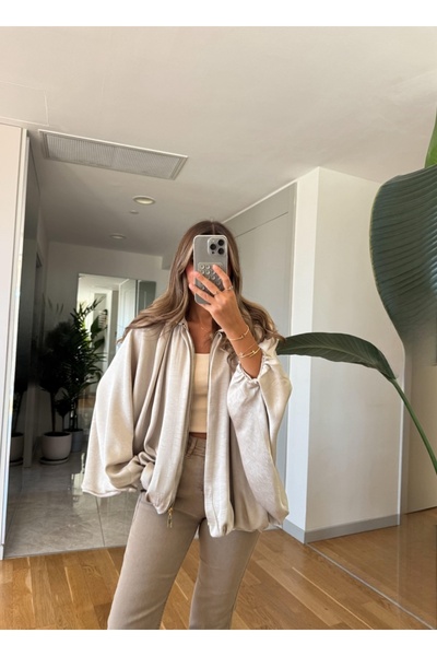 FEMMESTUDIO Women's Stone Color Satin Bat Sleeve Bomber Jacket