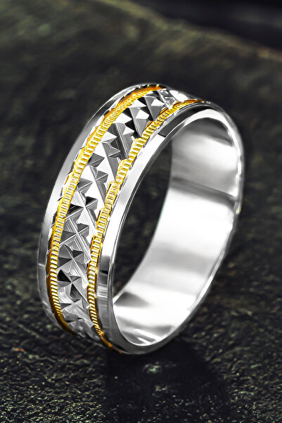 OSMANLI GÜMÜŞ Kadın Gümüş Alyans - Ortası Zikzak Model Yanı Altın Kaplama Şer...