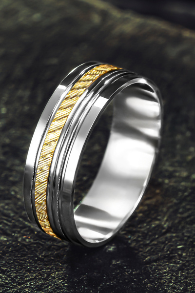 OSMANLI GÜMÜŞ Erkek Gümüş Alyans - Bombeli Altın Şerit 925 Ayar Erkek Yüzük