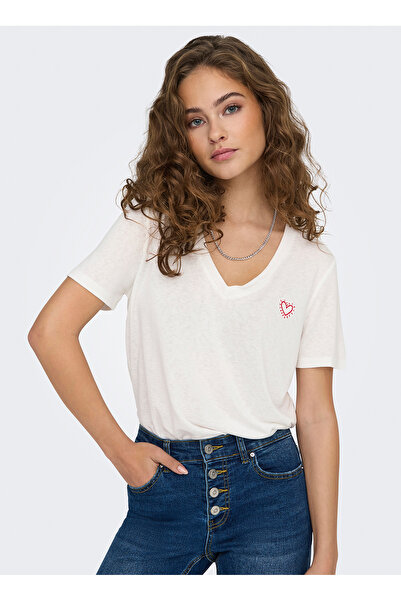 ONLY Γυναικείο μπλουζάκι με λευκό σχέδιο με λαιμόκοψη σε σχήμα V ONLNEW BELLE S/S LOVE V-NECK TOP BO