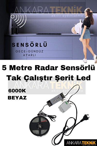 ankarateknik Mutfak Dolabı Radar Gizli Sensörlü Şerit Led Set / Gece-gündüz Ayarlı / Tak Çalıştır / Renk: Beyaz