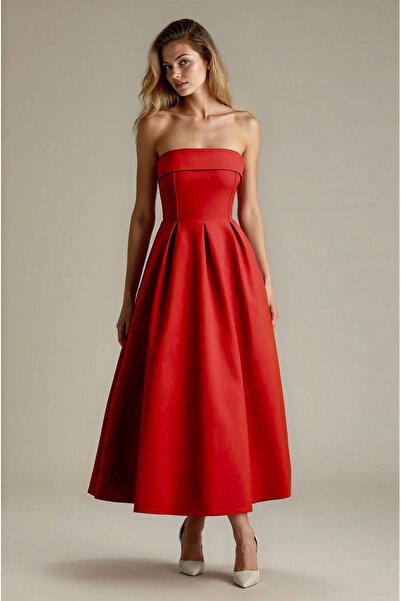 OLSAMODA Women's Atlas Fabric Strapless Collar Blouse Cut Long Length Wedding Engagement Invitation Dress