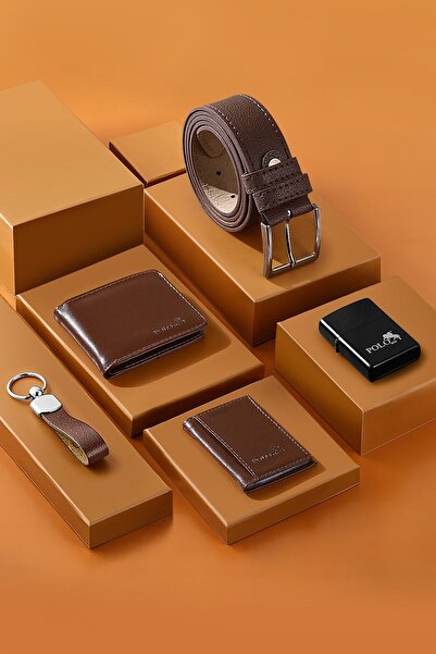 ODN Boxed Classic Men's Lighter Keychain Wallet Belt Card Holder Set Brown