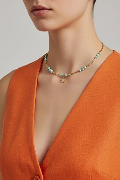 Süspüs Accessories Yıldız Uçlu Yeşil Boncuk Boru Detay Gold Kolye