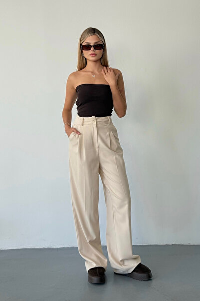 BEJNA Γυναικείο παντελόνι Palazzo με λεπτομέρεια μπεζ με πλισέ