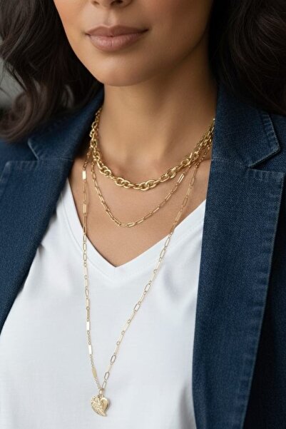 Süspüs Accessories 3'lü Kanatlı Kalp Uçlu Gold Zincir Kolye