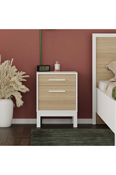 Adore Mobilya London 2 Çekmeceli Komodin-Meşe-Beyaz 45x60x45 cm (GxYxD)