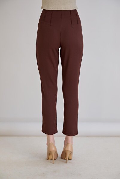 Sortie Women's Ribbed Waist Beltless Pocket Detailed Brown Cigarette Pants