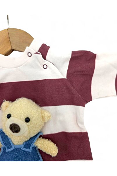 voyyo kids baby Striped Bottom Snap Fastener 3-12 Months Baby Rompers with Teddy Bear Accessories 100% Cotton