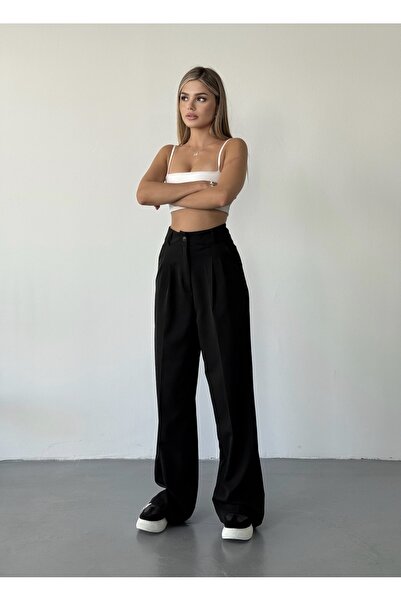 BEJNA Dámské černé kalhoty Palazzo s detaily z plisované látky