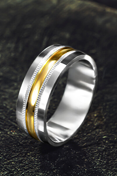 OSMANLI GÜMÜŞ Erkek Gümüş Alyans - Sarı Ve Beyaz Altın İşlemeli Erkek Yüzük