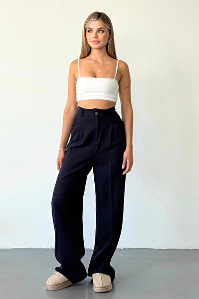 BEJNA Női sötétkék, ráncolt, részletezett palazzo nadrág