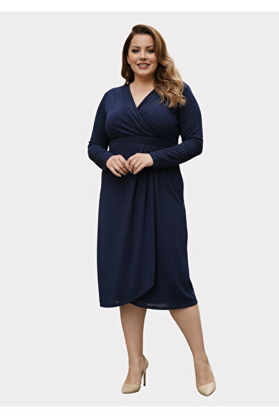 LİLAS XXL Büyük Beden Lacivert Renkli Kruvaze Yaka Likralı Simli Abiye Elbise