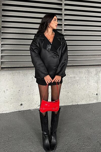 moda armanc Else Siyah Dokulu Süet Içi Peluşlu Oversize Zr Model Mont