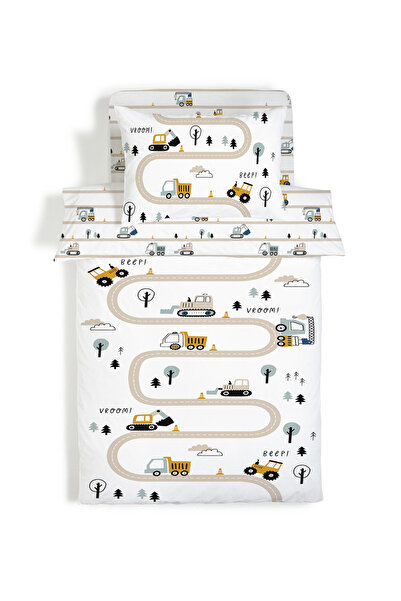 Evmila İş Makineli Ve Yol Desenli Baskılı Çocuk Ve Tek Kişilik Nevresim Takımı - Çarşafsız
