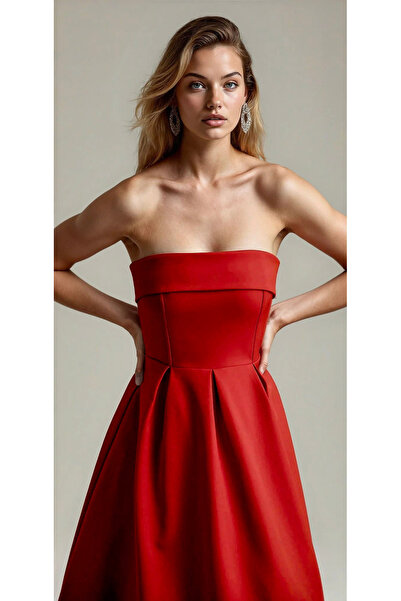 OLSAMODA Women's Atlas Fabric Strapless Collar Blouse Cut Long Length Wedding Engagement Invitation Dress