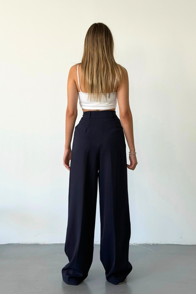 BEJNA Női sötétkék, ráncolt, részletezett palazzo nadrág