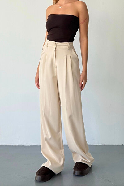 BEJNA Dámské béžové kalhoty Palazzo s detaily plisování