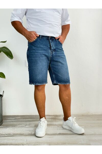 LudoWear Blue Washed Laser Ripped Detailed Fit Lycra-Free Jean Denim Shorts