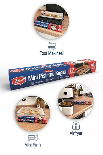 Roll-Up Kesilmiş Mini Pişirme Kağıdı Airfryer - Tost Makinesi - Mini Fırın uyumlu 12 Yaprak x 6 Kutu