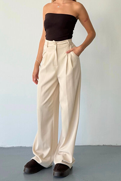 BEJNA Dámské béžové kalhoty Palazzo s detaily plisování