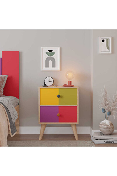 Adore Mobilya Rainbow 2 Çekmeceli Komodin-Sonoma-Renkli 44x66x44 cm (GxYxD)