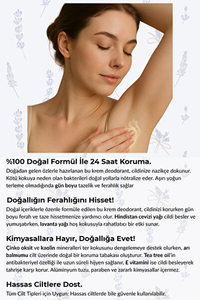 Arsolea %100 Doğal Deo Krem Alüminyumsuz Koltuk Altı Beyazlatıcı 24 Saat Ter Kokusu Önleyici Lavanta Kokulu