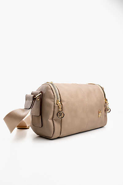 Cochines Women's Beige Mink Leather Cylinder Lined Petal Adjustable Column Strap Cross Shoulder Bag