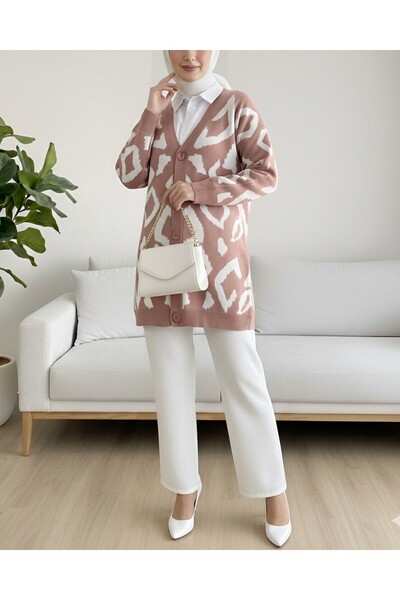 Modamorfo Buttoned Patterned V-Neck Knitwear Cardigan -Dried