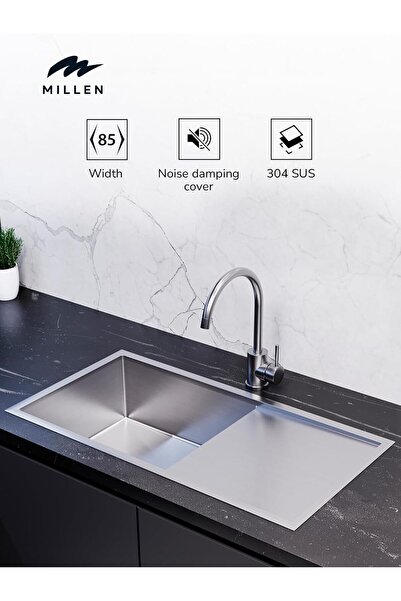 MILLEN حوض غسيل فردي مصنوع يدويًا، مثبت أسفله، مع مصفاة - SUS 304، عازل للصوت - MSD854420SS