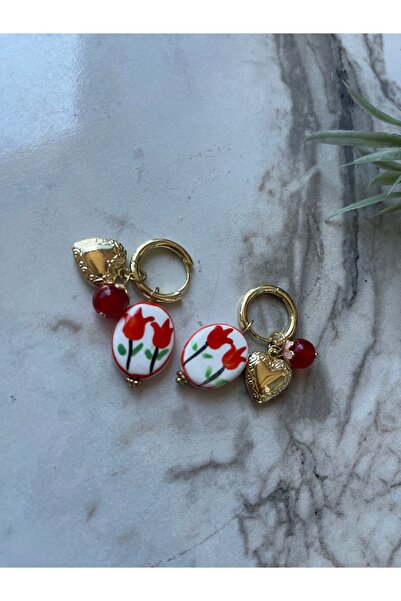 nergis collection 316 L Paslanmaz Çelik Bohem Charmlı Seramik Lale Nar Detaylı Küpe